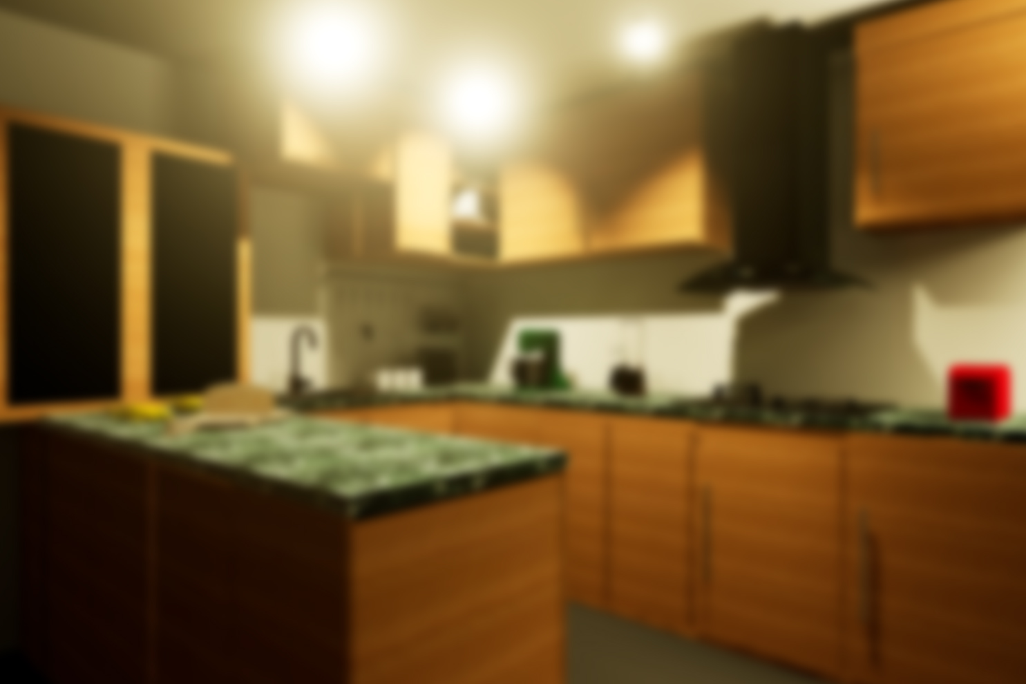 Blick in die Küche mit grauem Star: Das Bild wird unscharf, die Lichtquellen führen zu unangenehmen Streuungseffekten. © TU Wien