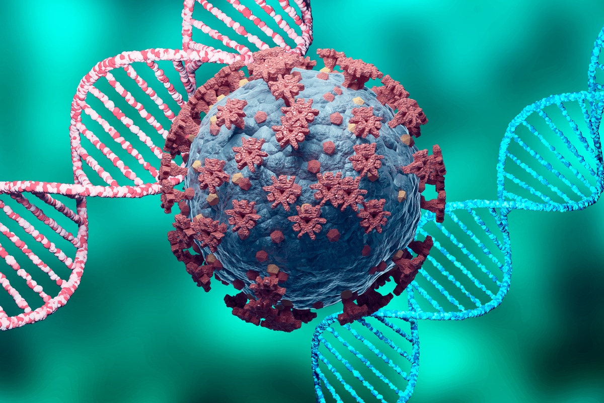 Abbildung eines Coronavirus und DNA-Strängen.