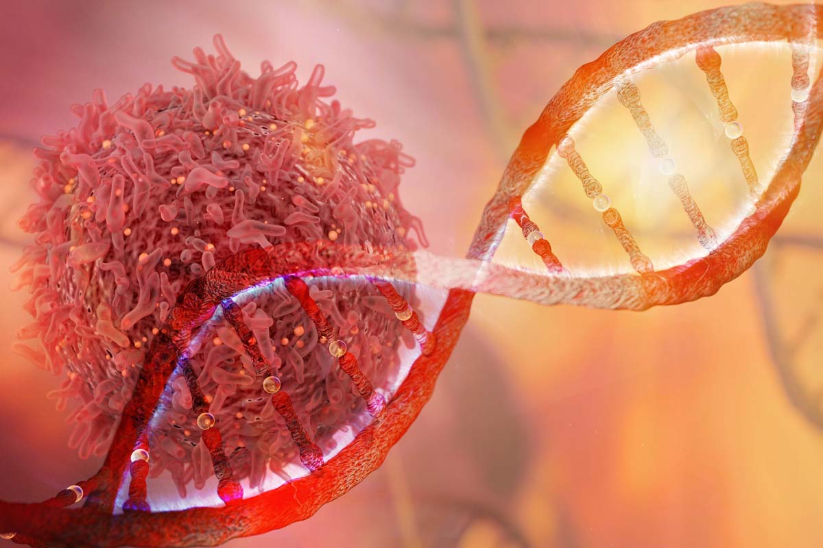 Abbildung einer Krebszelle und eines DNA-Strangs.