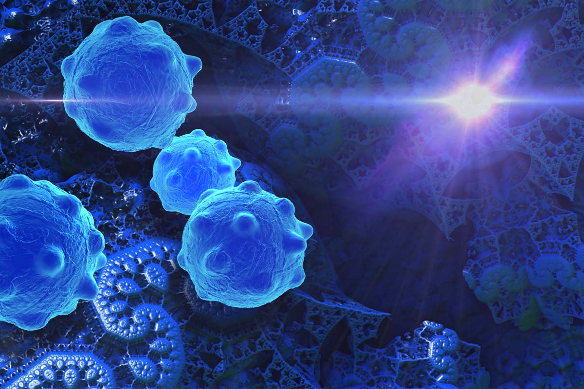 Krebszelle auf blauem Hintergrund.
